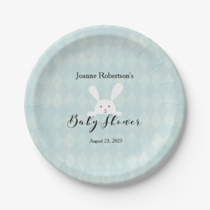 White Bunny Rabbit Baby Shower Aqua Blue Argyle Paper Plates