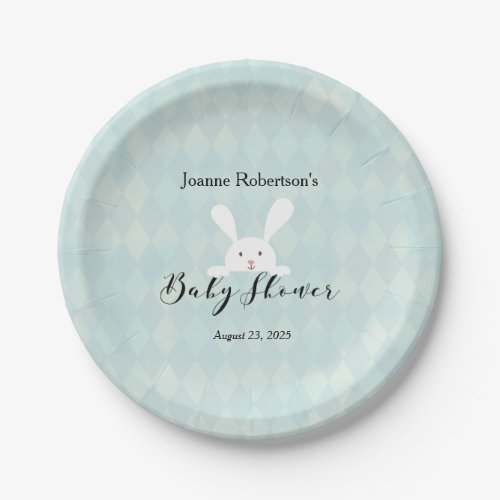 White Bunny Rabbit Baby Shower  Aqua Blue Argyle Paper Plates