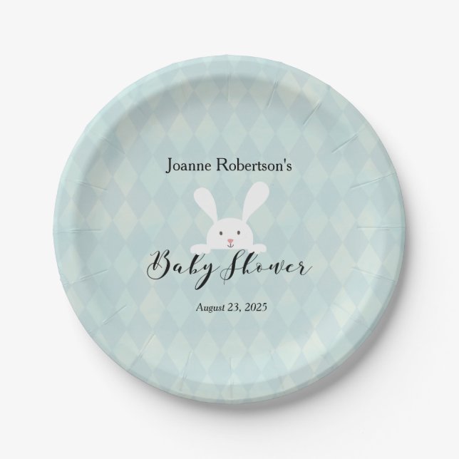 White Bunny Rabbit Baby Shower | Aqua Blue Argyle Paper Plates (Front)
