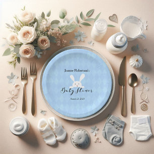 White Bunny Rabbit Baby Shower Baby Blue Argyle Paper Plates