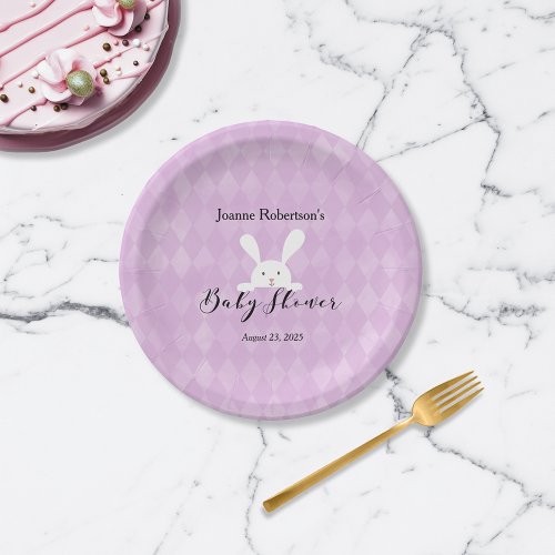 White Bunny Rabbit Baby Shower  Purple Argyle Paper Plates