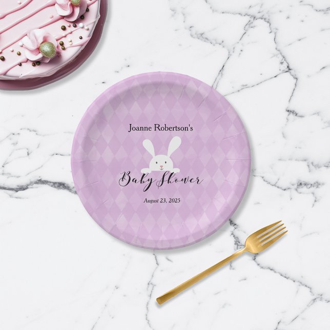 White Bunny Rabbit Baby Shower | Purple Argyle Paper Plates (Creator Uploaded)
