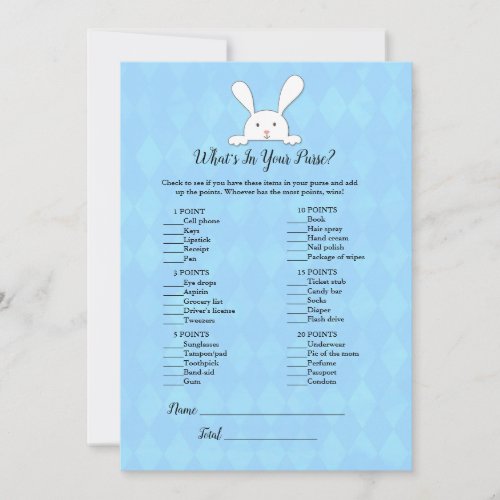 White Bunny Rabbit Blue Whats In Your Purse Game Invitation