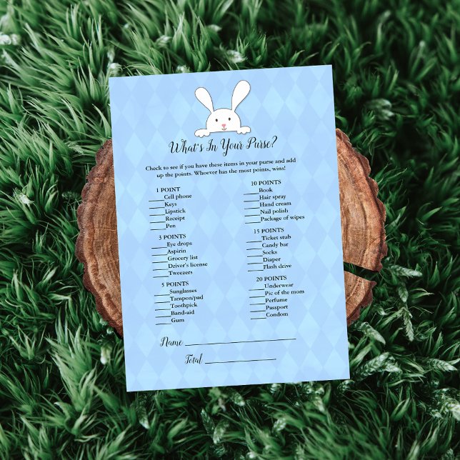 White Bunny Rabbit Blue What's In Your Purse Game Invitation (Creator Uploaded)