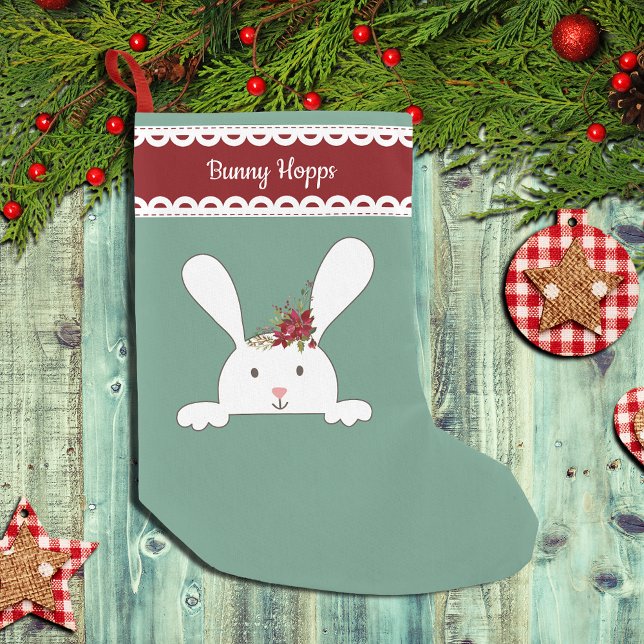 White Bunny Rabbit Floral Lace Monogram Small Christmas Stocking (Creator Uploaded)
