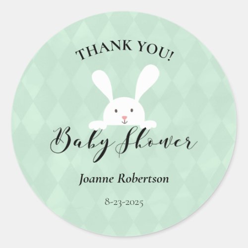 White Bunny Rabbit Green Diamond Baby Shower Classic Round Sticker