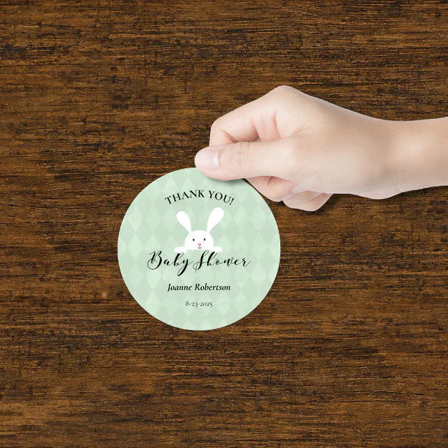 White Bunny Rabbit Green Diamond Baby Shower Classic Round Sticker | Zazzle