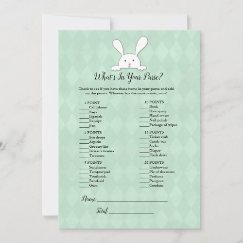 White Bunny Rabbit Green Whats In Your Purse Game Invitation