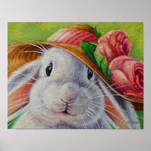 White Bunny Rabbit in Spring Bonnet Art 11x14 Poster