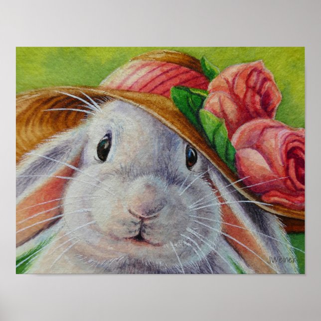 White Bunny Rabbit in Spring Bonnet Art 11x14 Poster (Front)