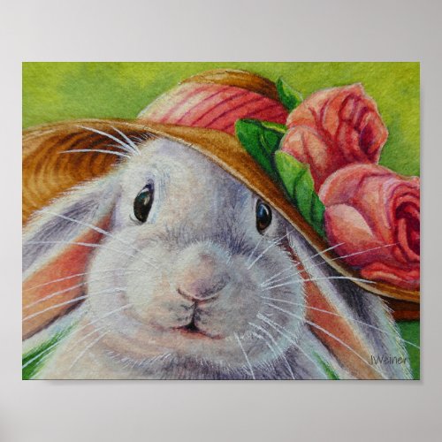White Bunny Rabbit in Spring Bonnet Art 8x10 Poster