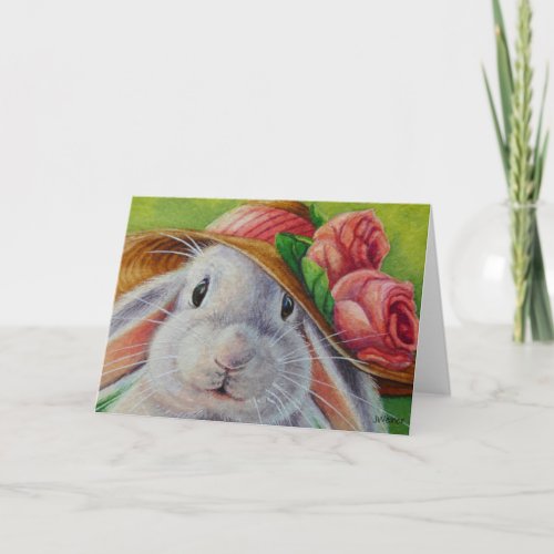 White Bunny Rabbit in Spring Bonnet Watercolor Art Card