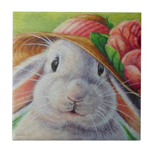 White Bunny Rabbit in Spring Bonnet Watercolor Art Ceramic Tile