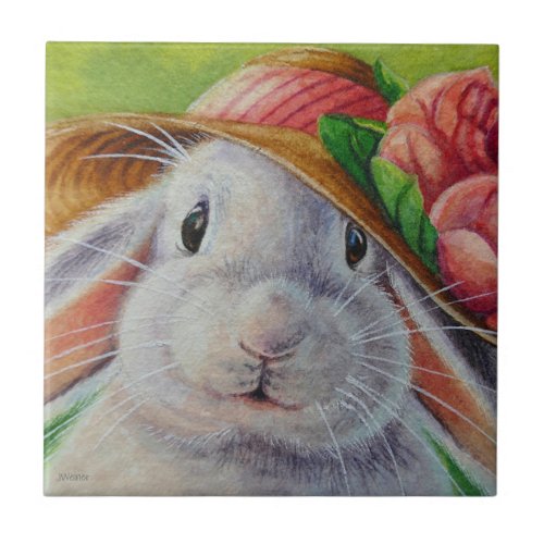 White Bunny Rabbit in Spring Bonnet Watercolor Art Ceramic Tile