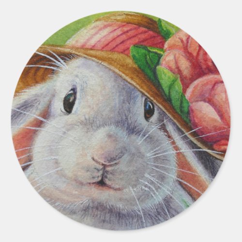 White Bunny Rabbit in Spring Bonnet Watercolor Art Classic Round Sticker