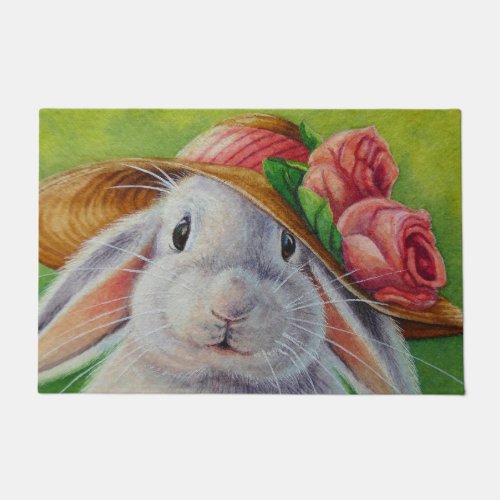 White Bunny Rabbit in Spring Bonnet Watercolor Art Doormat