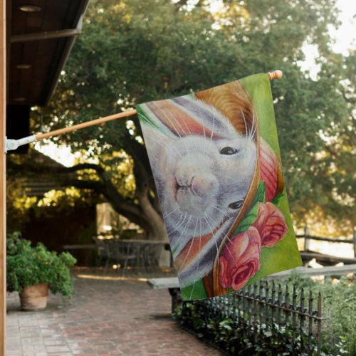White Bunny Rabbit in Spring Bonnet Watercolor Art House Flag
