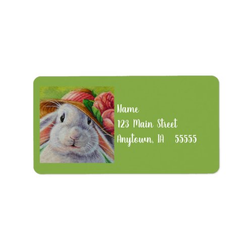 White Bunny Rabbit in Spring Bonnet Watercolor Art Label