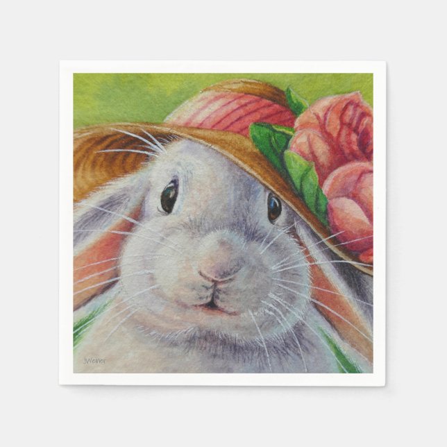 White Bunny Rabbit in Spring Bonnet Watercolor Art Napkins (Front)