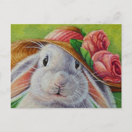 White Bunny Rabbit in Spring Bonnet Watercolor Art Postcard