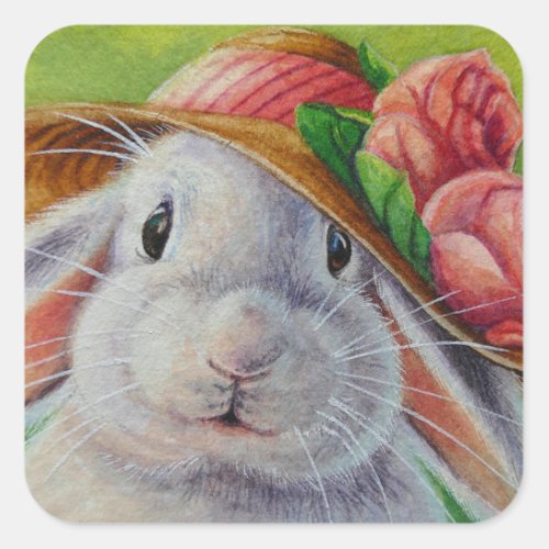 White Bunny Rabbit in Spring Bonnet Watercolor Art Square Sticker