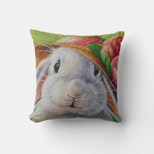 White Bunny Rabbit in Spring Bonnet Watercolor Art Throw Pillow