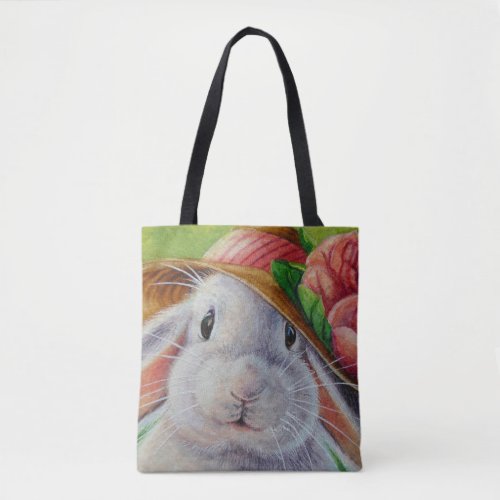 White Bunny Rabbit in Spring Bonnet Watercolor Art Tote Bag