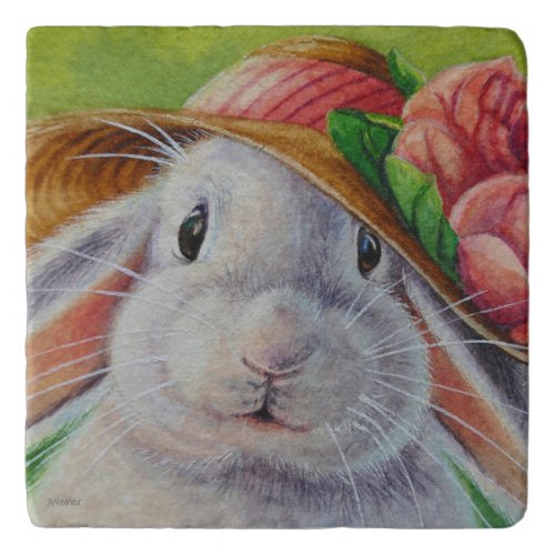 White Bunny Rabbit in Spring Bonnet Watercolor Art Trivet