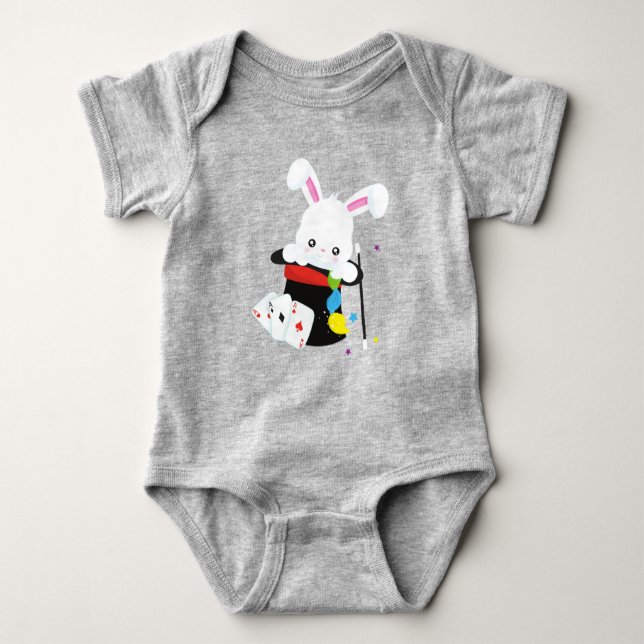 White Bunny, Rabbit, Magic Trick, Magic Wand, Hat Baby Bodysuit (Front)