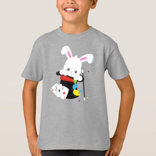 White Bunny, Rabbit, Magic Trick, Magic Wand, Hat T-Shirt (Front)