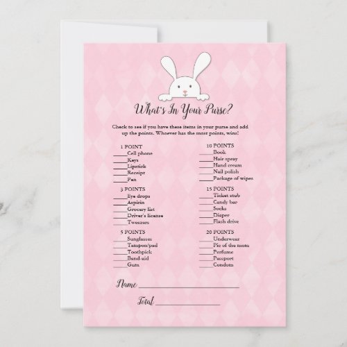 White Bunny Rabbit Pink Whats In Your Purse Game Invitation