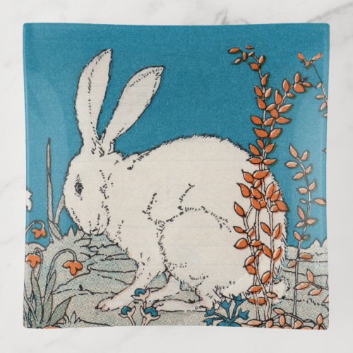 White Bunny Rabbit Sitting in Flowers Blue Trinket Tray