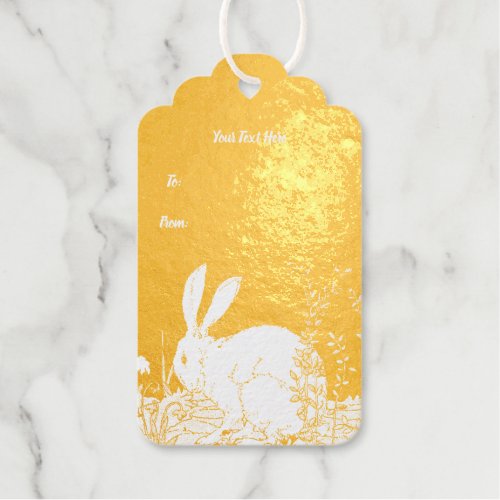 White Bunny Rabbit Sitting in Tall Flowers on Gold Foil Gift Tags