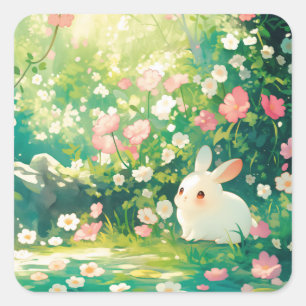 White Bunny Rabbit Under Pink Cherry Blossom Tree Square Sticker