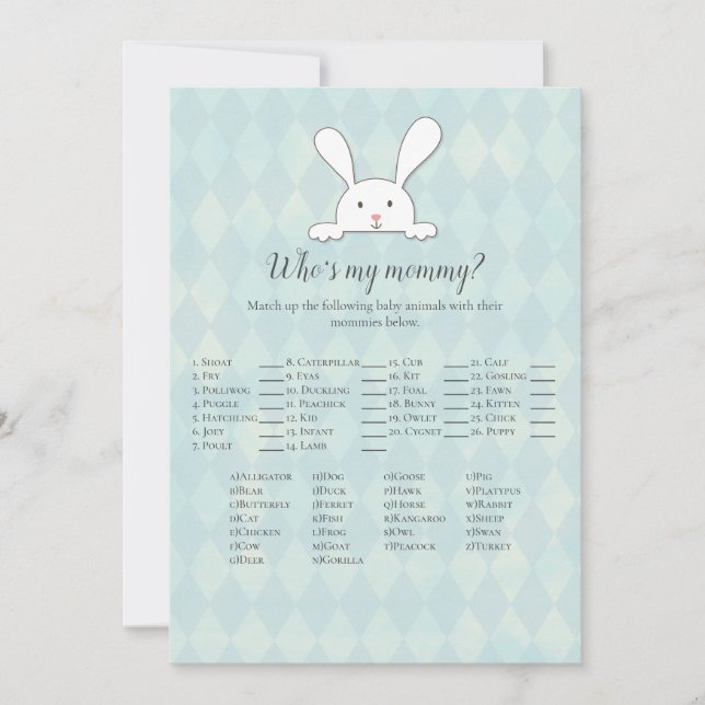 White Bunny Rabbit Who's My Mommy Baby Shower Game Invitation (Front)