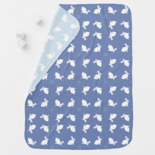White bunny rabbits on two shades of blue baby blanket