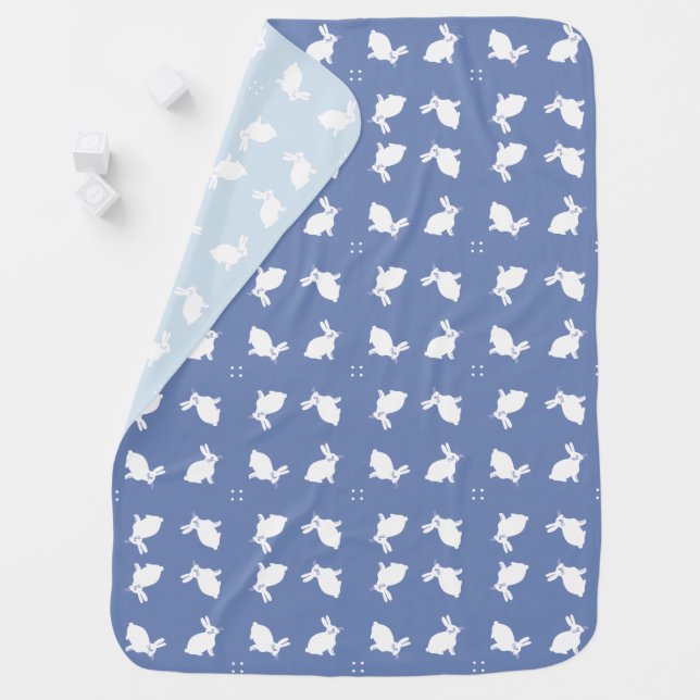 White bunny rabbits on two shades of blue baby blanket (In Situ)