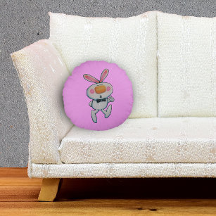 White Bunny Rosy Cheeks Thumbs Up Sign Pink Lines Round Pillow