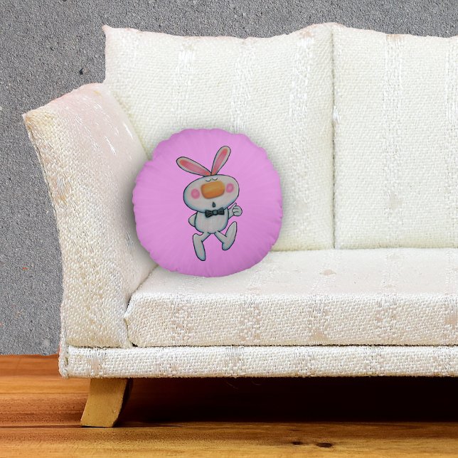 White Bunny Rosy Cheeks Thumbs Up Sign Pink Lines Round Pillow (Fun white rabbit for Easter or spring Thumbs up sign on pink decorative throw pillow.)