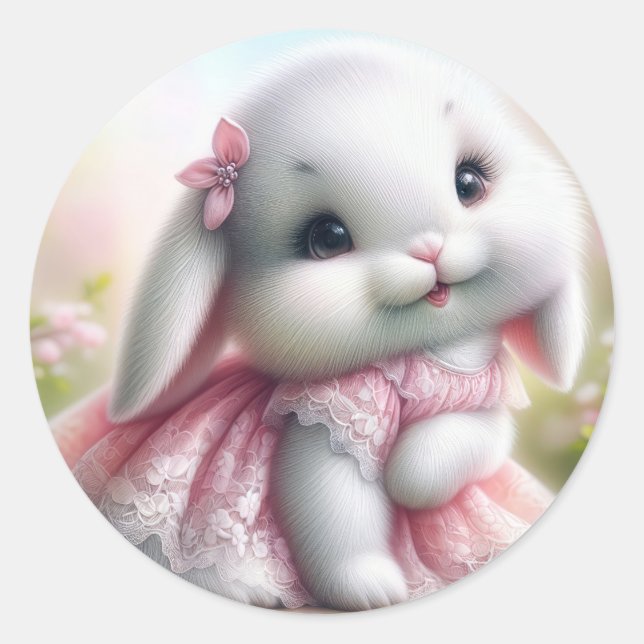 White Bunny Wearing Pink Lace Dress Classic Round Sticker (Front)