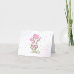 White Bunny with Big Pink Flowers & Hearts Thank You Card