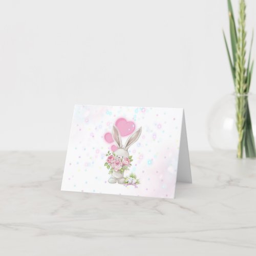 White Bunny with Big Pink Flowers  Hearts  Thank You Card