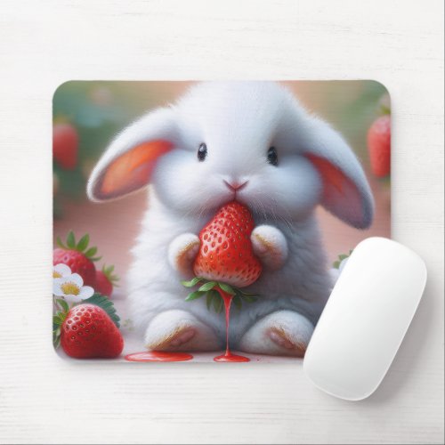 White Bunny With Juicy Strawberry Mouse Pad