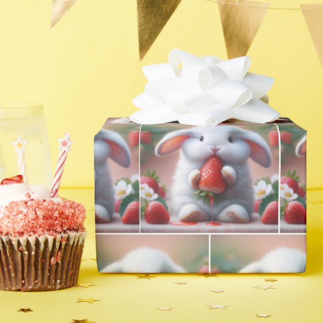 White Bunny With Juicy Strawberry Wrapping Paper (Birthday Party)