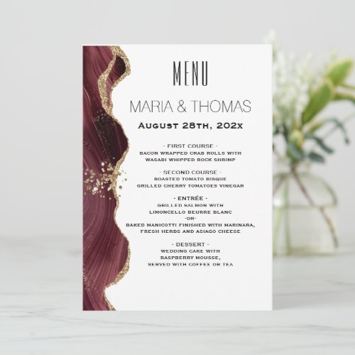 white burgundy agate reception menu  card  classy