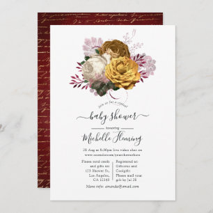 White Burgundy and Gold Floral Baby Shower Invitation