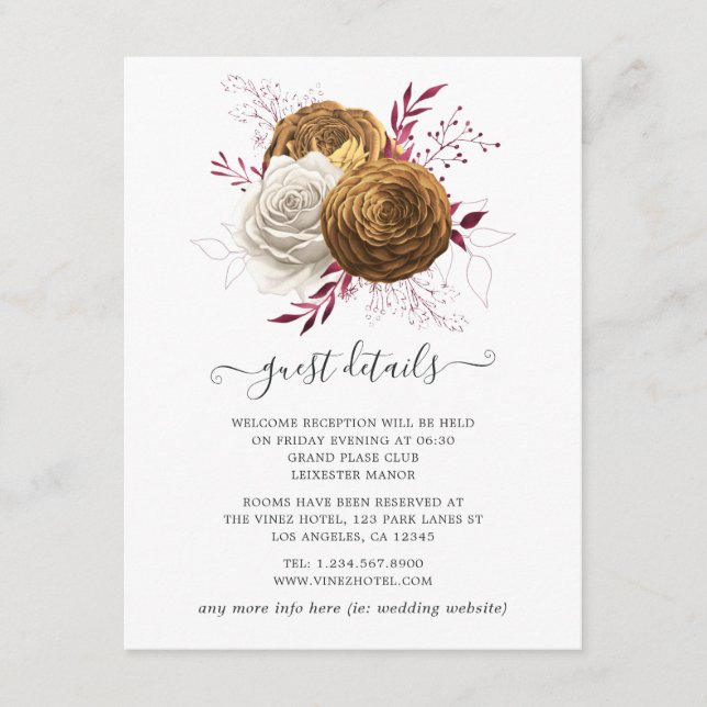 White, Burgundy and Gold Floral Wedding Enclosure Card (Front)