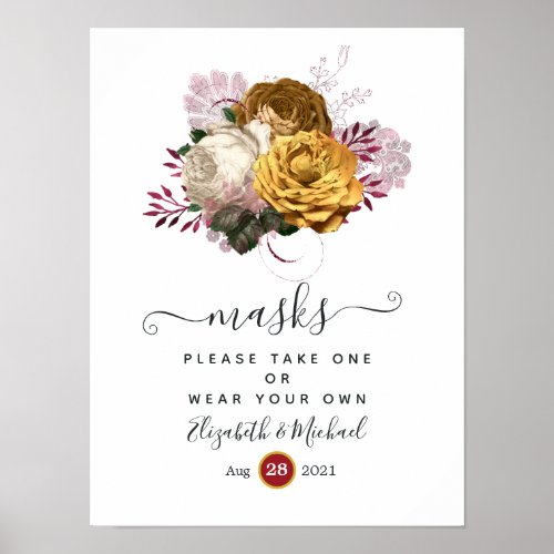 White Burgundy and Gold Floral Wedding Face Masks Poster