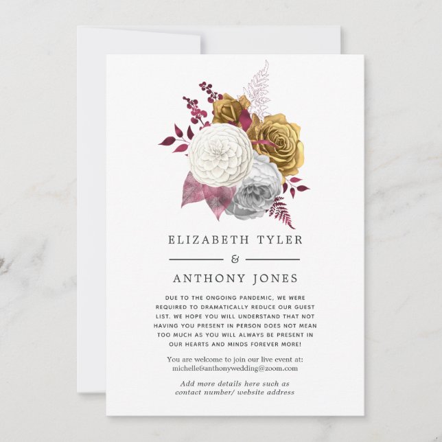 White, Burgundy and Gold Floral Wedding Guests Announcement (Front)