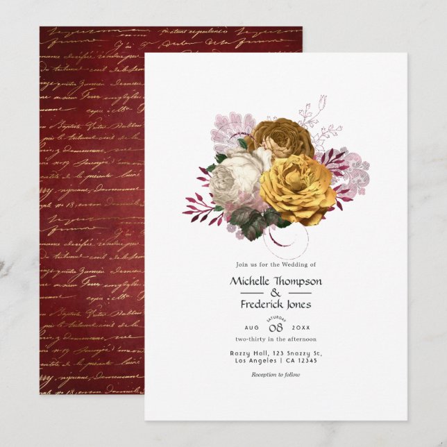 White, Burgundy and Gold Floral Wedding Invitation (Front/Back)